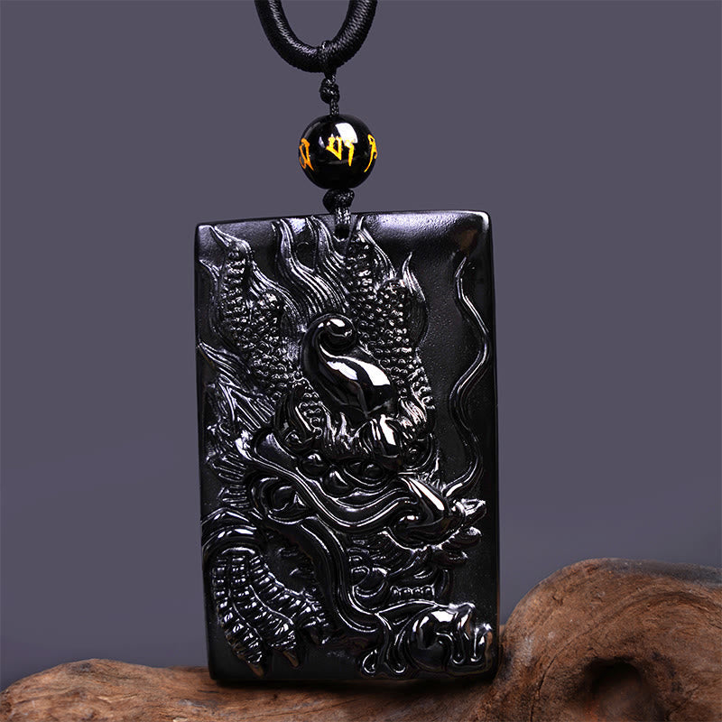 KarmaRipple's Authentic Black Obsidian Rectangular Dragon Engraved Success Pendant Necklace p14