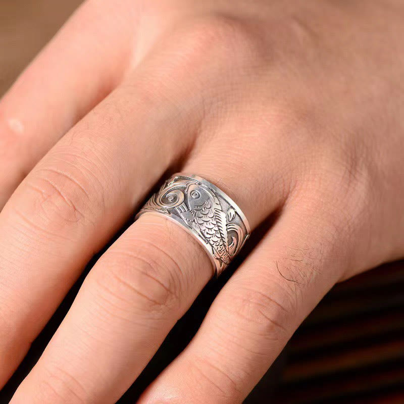 KarmaRipple's Koi Fish Heart Sutra Carved Design Fortune Wealth Ring p7