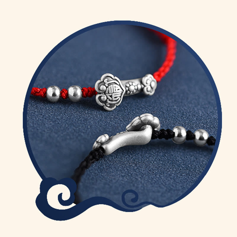 KarmaRipple's Handmade 999 Sterling Silver Fu Character Wish Ruyi Handle Fortune Rope Bracelet Anklet p25