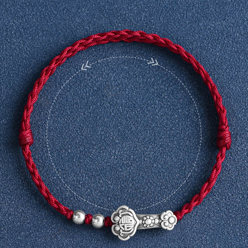 KarmaRipple's Handmade 999 Sterling Silver Fu Character Wish Ruyi Handle Fortune Rope Bracelet Anklet p7