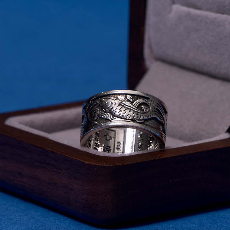 KarmaRipple's Koi Fish Heart Sutra Carved Design Fortune Wealth Ring p5
