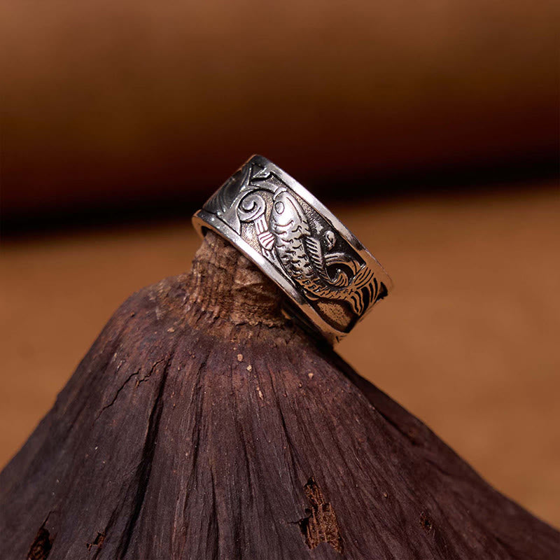 KarmaRipple's Koi Fish Heart Sutra Carved Design Fortune Wealth Ring p3