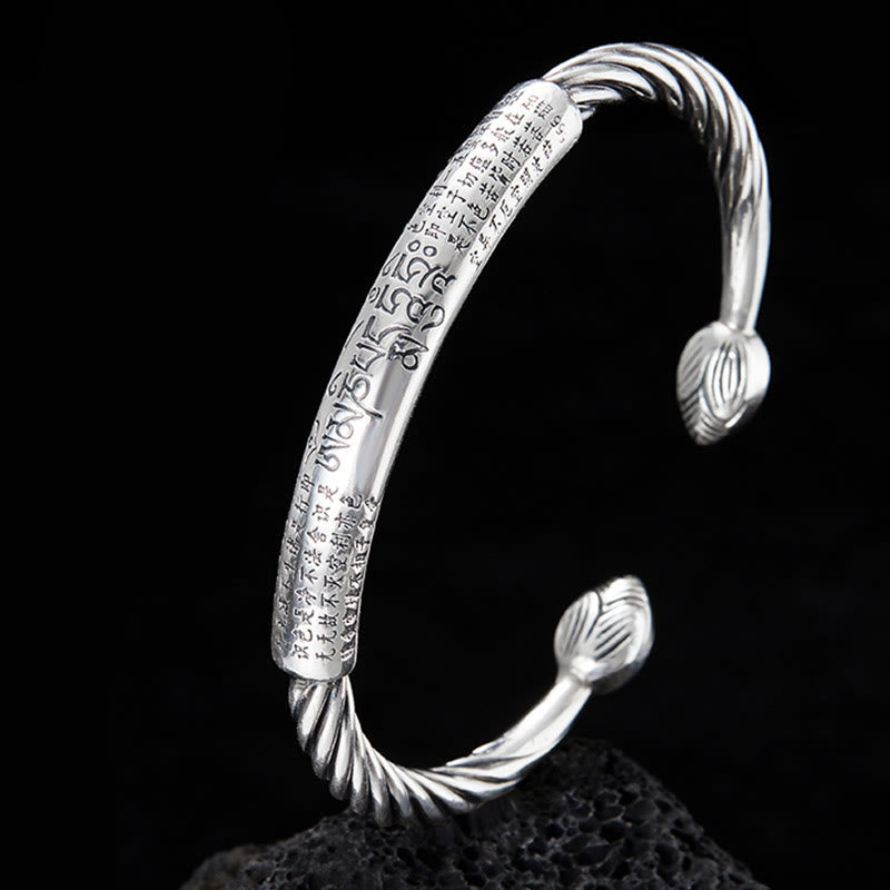 KarmaRipple's 999 Sterling Silver Six True Words Heart Sutra Woven Design Lotus Protection Bracelet Bangle p1