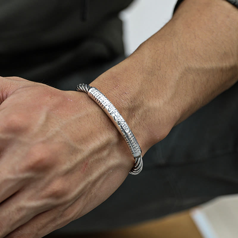 KarmaRipple's 999 Sterling Silver Six True Words Heart Sutra Woven Design Lotus Protection Bracelet Bangle p2