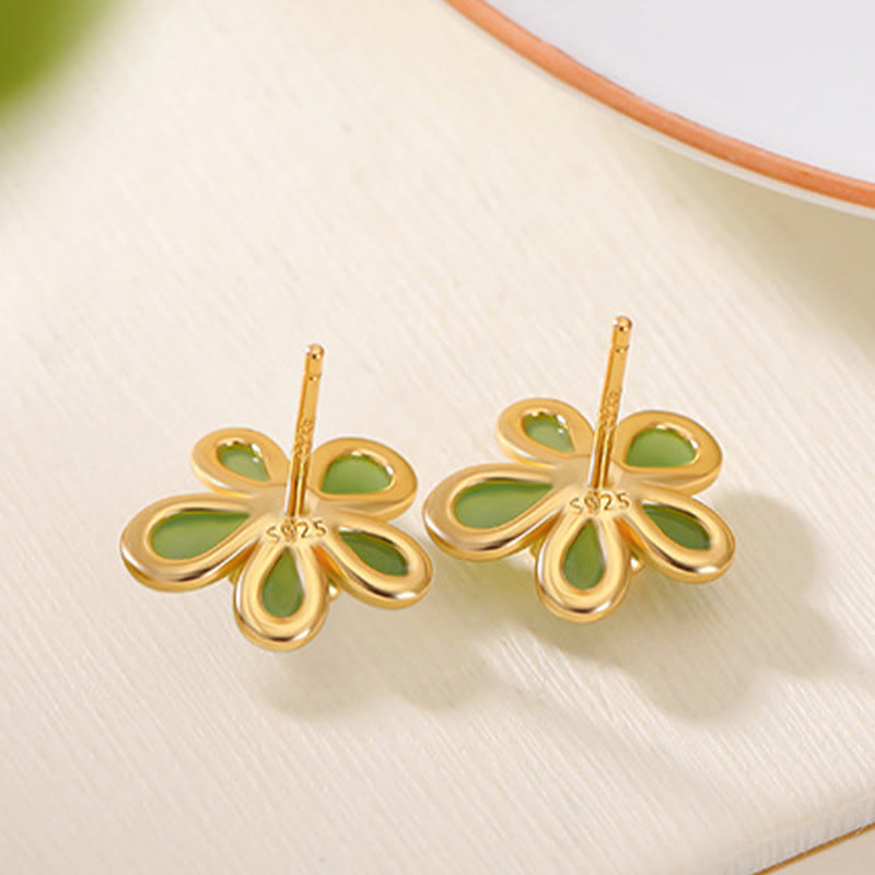 KarmaRipple's 925 Sterling Silver Hetian Jade Flower Design Abundance Fortune Earrings p4
