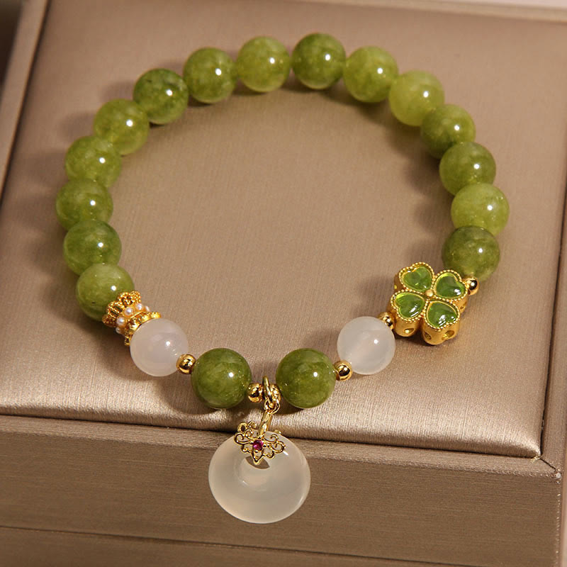 KarmaRipple's Green Tourmaline Chalcedony Four Leaf Clover Peace Buckle Talisman Wisdom Bracelet p5