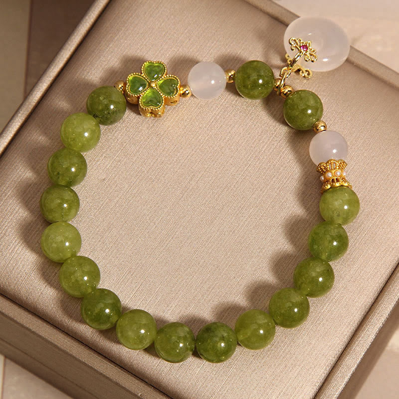 KarmaRipple's Green Tourmaline Chalcedony Four Leaf Clover Peace Buckle Talisman Wisdom Bracelet p3
