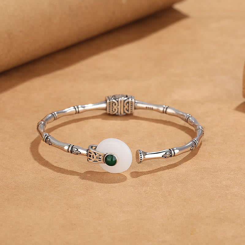 KarmaRipple's Ivory Jade Peace Buckle Bamboo Design Fortune Bronze Cuff Bracelet Bangle p5