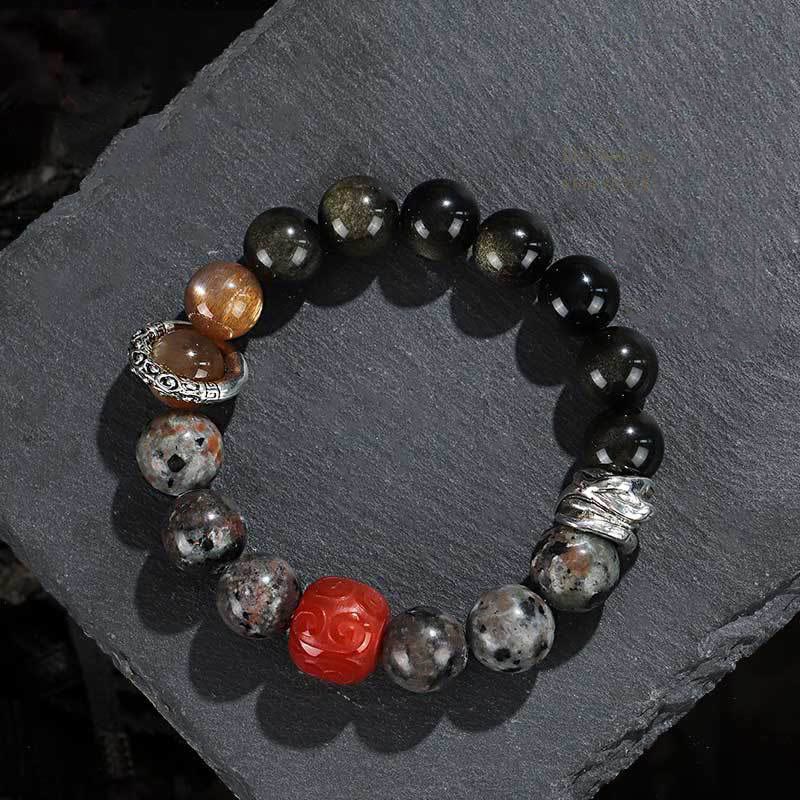 KarmaRipple's Gold Sheen Obsidian Lava Rock Red Agate Protection Bracelet p11