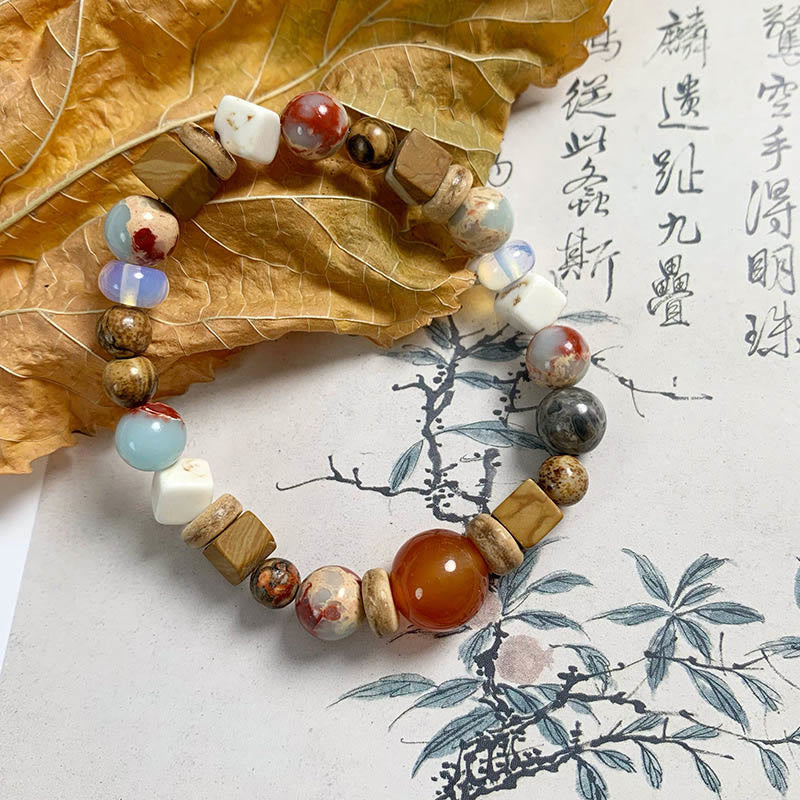 KarmaRipple's Red Agate Shoushan Stone Ivory Turquoise Calm Blessing Bracelet p16