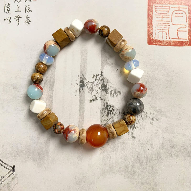 KarmaRipple's Red Agate Shoushan Stone Ivory Turquoise Calm Blessing Bracelet p3