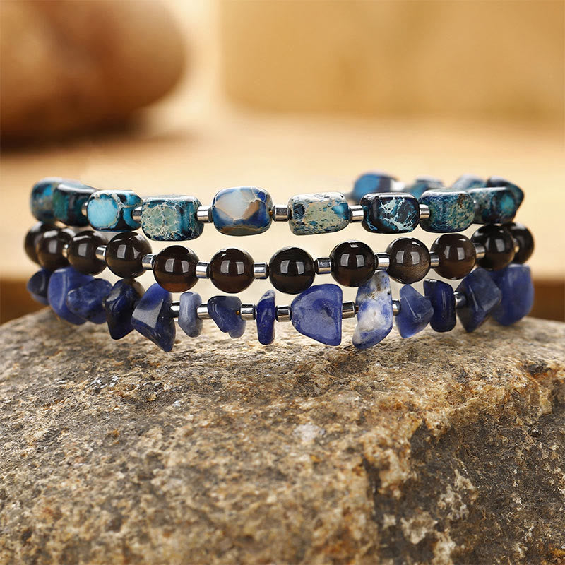 KarmaRipple's Emperor Stone Sodalite Gold Sheen Obsidian Balance Triple Wrap Bracelet p13