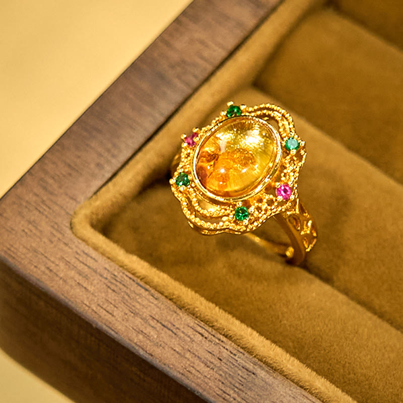 KarmaRipple's Flower Amber Hollow Lace Confidence Adjustable Ring p12