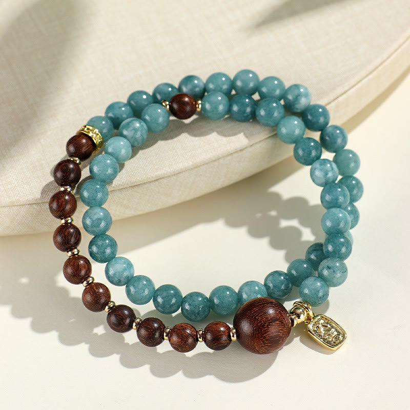 KarmaRipple's Blue Chalcedony Green Sandalwood Small Leaf Red Sandalwood Double Wrap Emotional Balance Bracelet p3