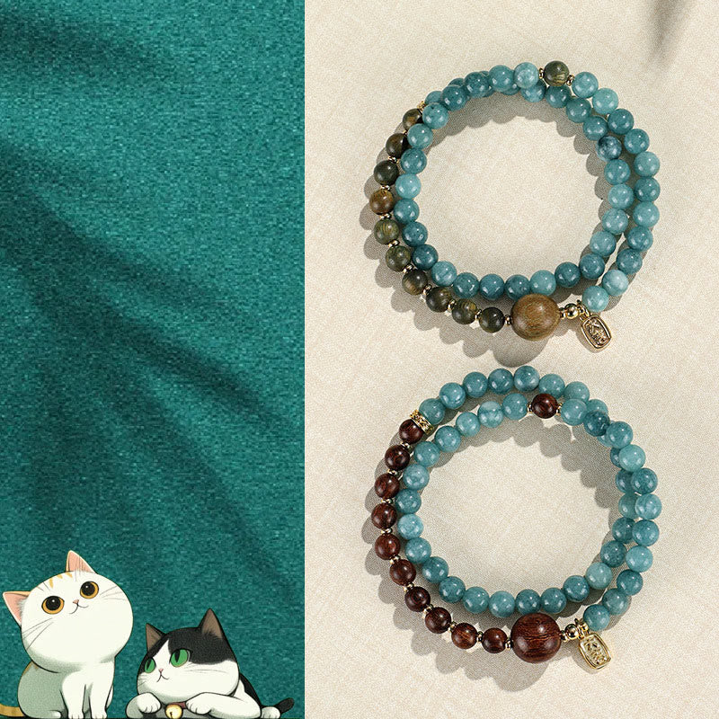 KarmaRipple's Blue Chalcedony Green Sandalwood Small Leaf Red Sandalwood Double Wrap Emotional Balance Bracelet p15