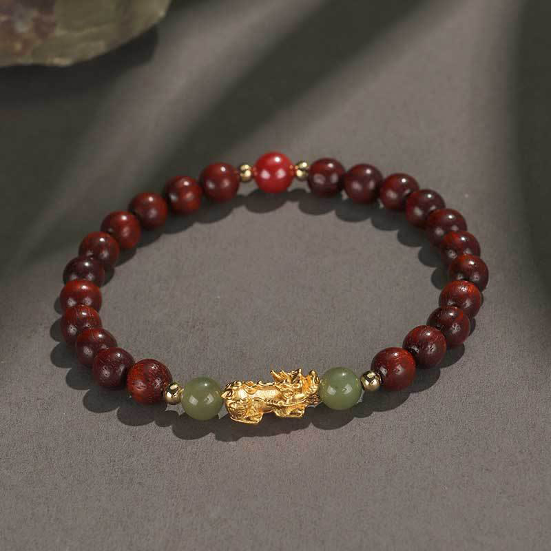 KarmaRipple's 999 Sterling Silver Sandalwood Ebony Wood Small Leaf Red Sandalwood Hetian Jade Cinnabar PiXiu Wealth Bracelet p12