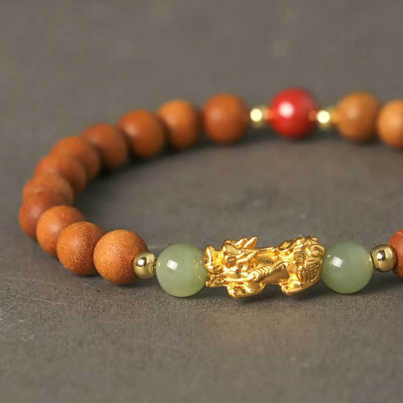 KarmaRipple's 999 Sterling Silver Sandalwood Ebony Wood Small Leaf Red Sandalwood Hetian Jade Cinnabar PiXiu Wealth Bracelet p7