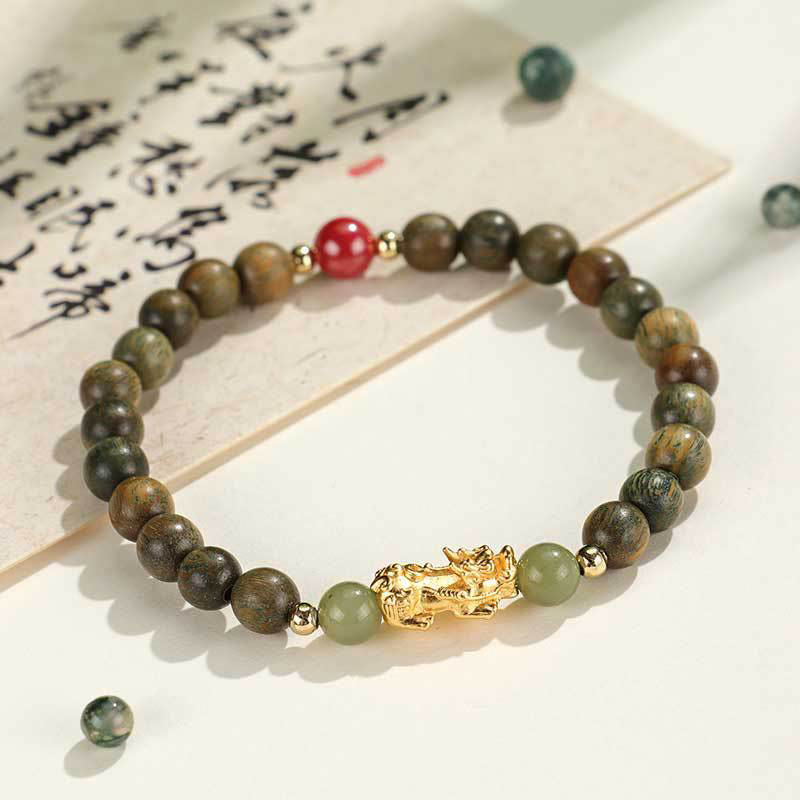 KarmaRipple's 999 Sterling Silver Sandalwood Ebony Wood Small Leaf Red Sandalwood Hetian Jade Cinnabar PiXiu Wealth Bracelet p26