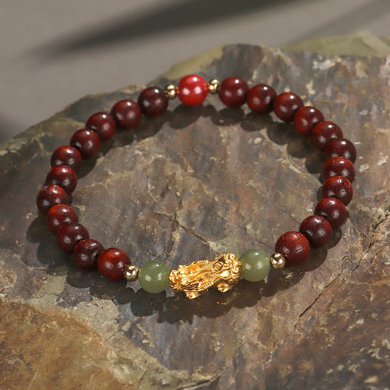KarmaRipple's 999 Sterling Silver Sandalwood Ebony Wood Small Leaf Red Sandalwood Hetian Jade Cinnabar PiXiu Wealth Bracelet p3