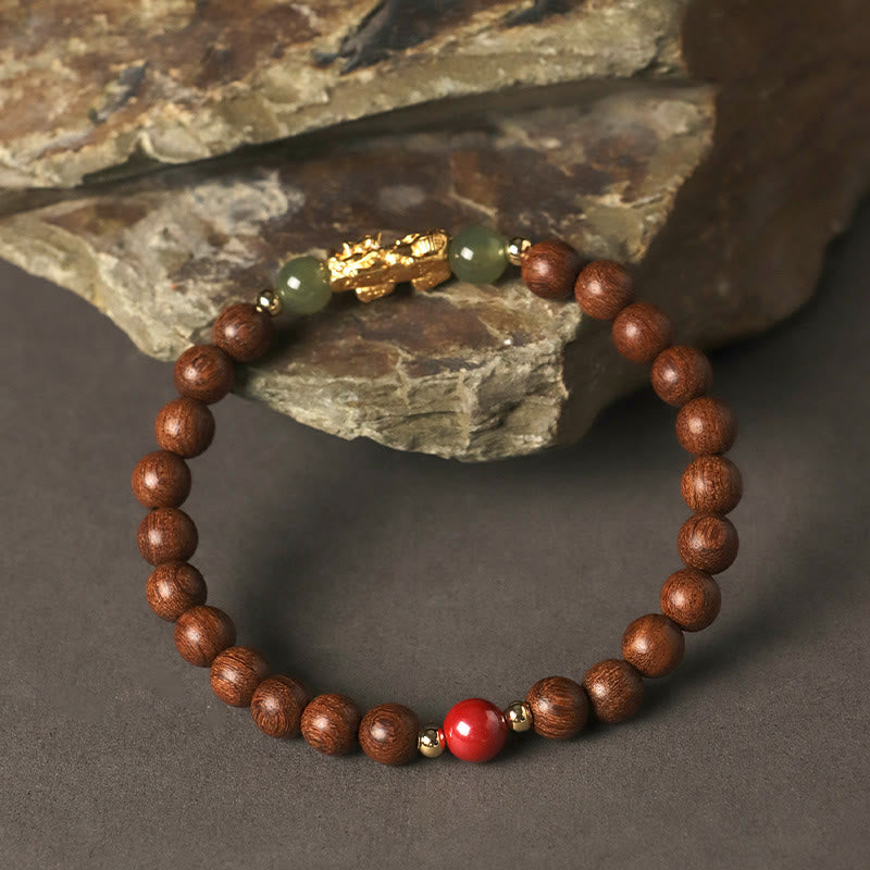 KarmaRipple's 999 Sterling Silver Sandalwood Ebony Wood Small Leaf Red Sandalwood Hetian Jade Cinnabar PiXiu Wealth Bracelet p8