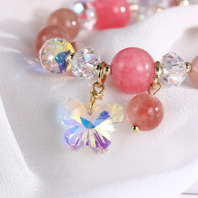 KarmaRipple's Strawberry Quartz Ivory Gemstone Pink Gemstone Butterfly Love Bracelet p18