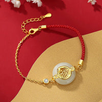 Bracelet tissé en argent sterling 925 avec boucle de paix en jade Hetian de KarmaRipple, symbole Fu, année du serpent, protection en fil rouge