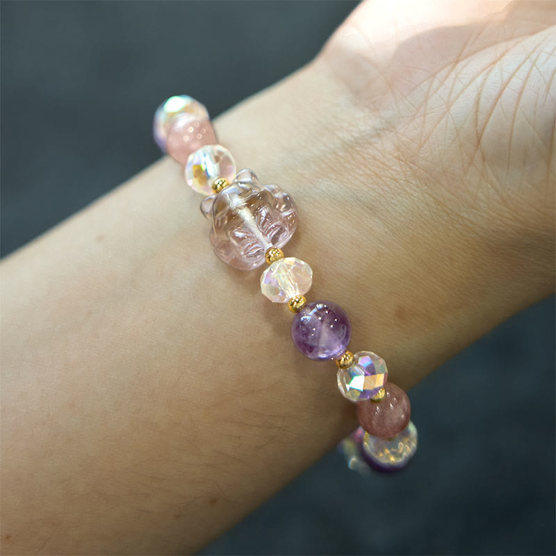 KarmaRipple's Amethyst Strawberry Quartz Ivory Gemstone Nine Tailed Fox Meditation Bracelet p5