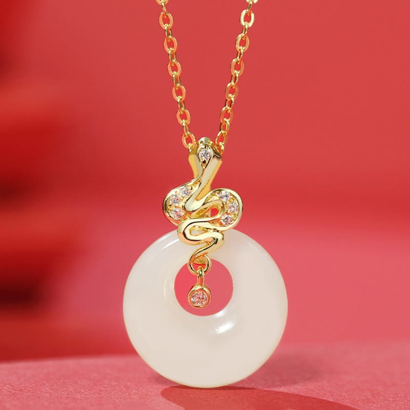 KarmaRipple's 925 Sterling Silver Hetian Jade Year Of The Snake Peace Buckle Fortune Blessing Pendant Necklace p1