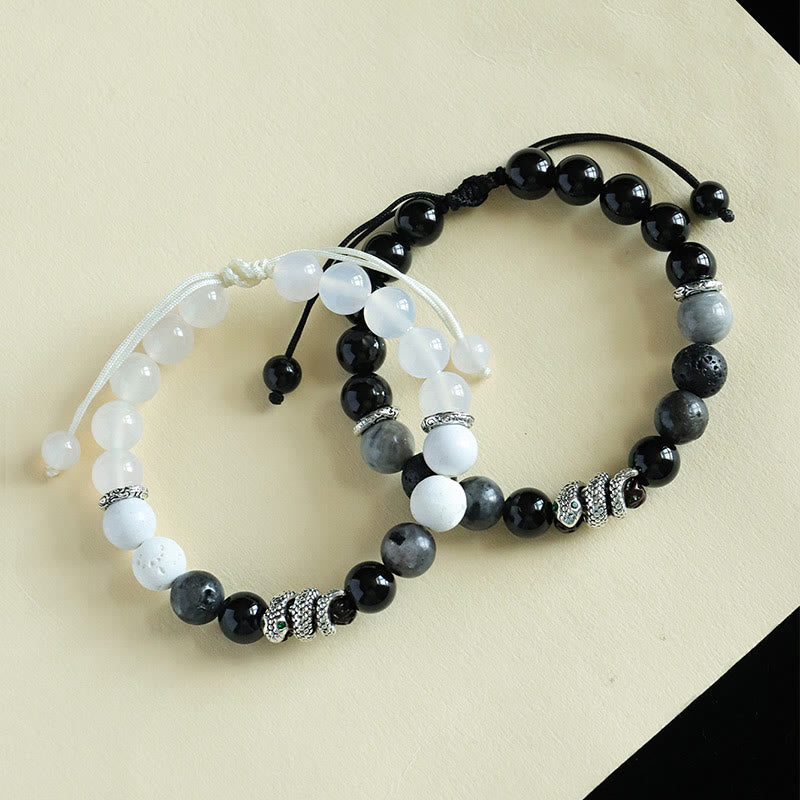 KarmaRipple's Black Onyx Black Glitter Stone Ivory Agate Ivory Turquoise Year Of The Snake Protection Bracelet p3