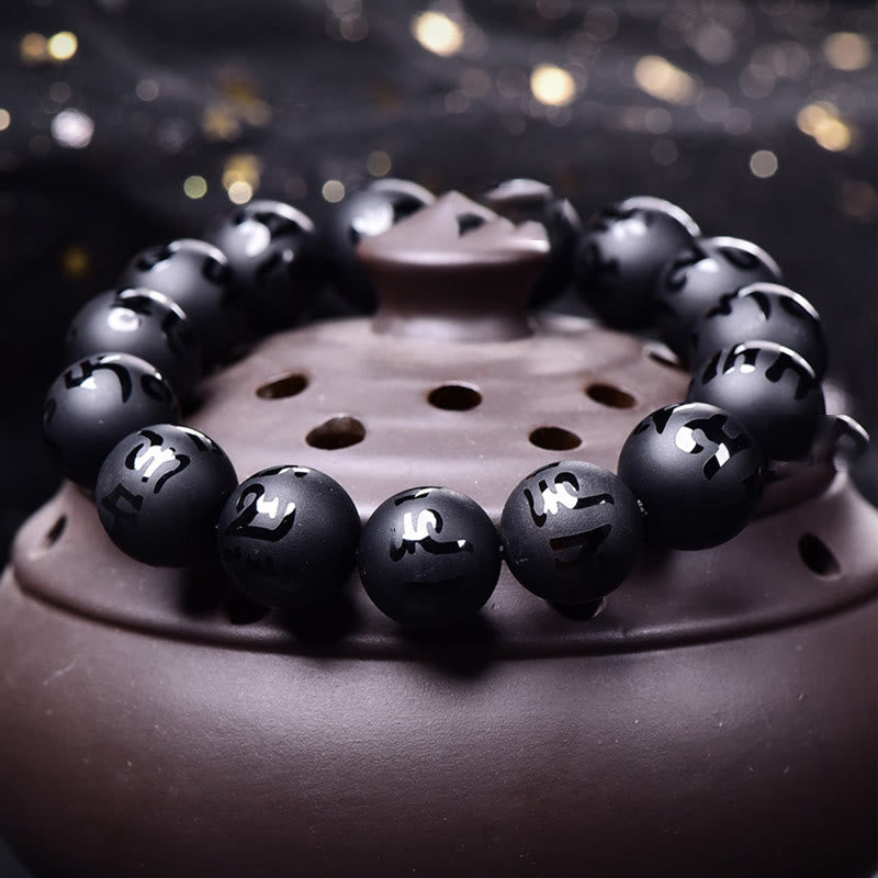 KarmaRipple's Authentic Black Onyx Om Mani Padme Hum Carved Protection Bracelet p3