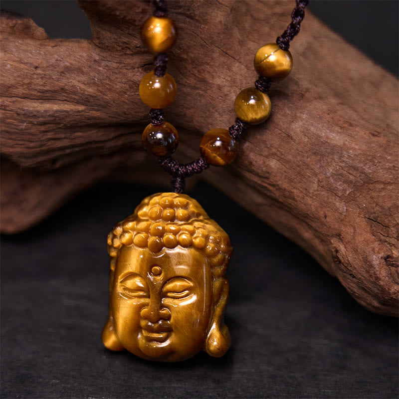 KarmaRipple's Tiger Eye String Buddha Head Courage Pendant Necklace p2