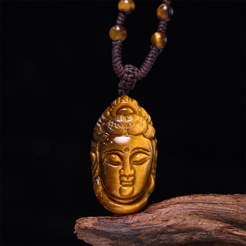 KarmaRipple's Tiger Eye Kwan Yin Avalokitesvara Head String Strength Pendant Necklace p2