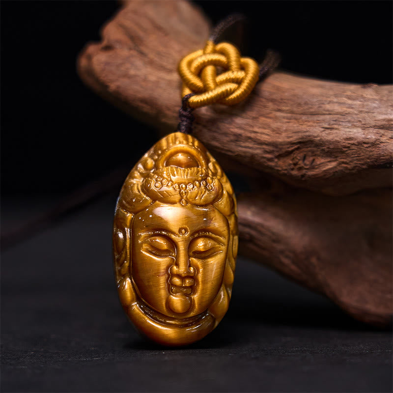 KarmaRipple's Tiger Eye Kwan Yin Avalokitesvara Head String Strength Pendant Necklace p3