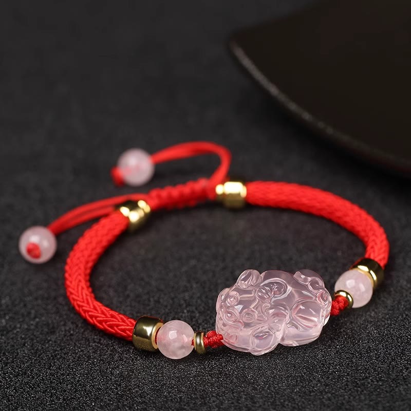 KarmaRipple's PiXiu Pink Gemstone Wealth String Woven Bracelet p1