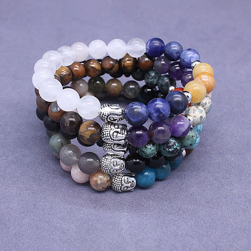 KarmaRipple's Authentic Black Onyx Ivory Stone Green Aventurine Tiger Eye Agate Mixed Color Buddha Head Protection Bracelet p32