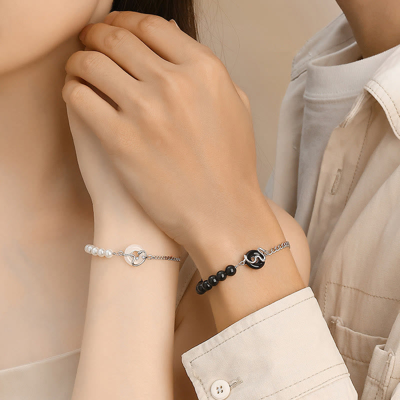 KarmaRipple's Black Obsidian Black Onyx Chalcedony Peace Buckle 925 Sterling Silver Year Of The Snake Pearl Purification Couple's Bracelet p5