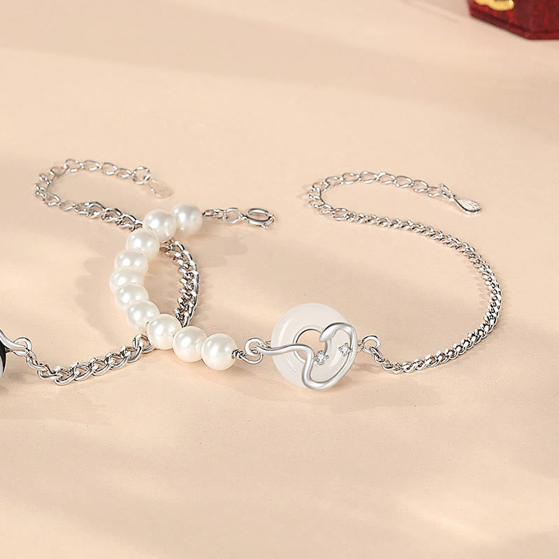 KarmaRipple's Black Obsidian Black Onyx Chalcedony Peace Buckle 925 Sterling Silver Year Of The Snake Pearl Purification Couple's Bracelet p2