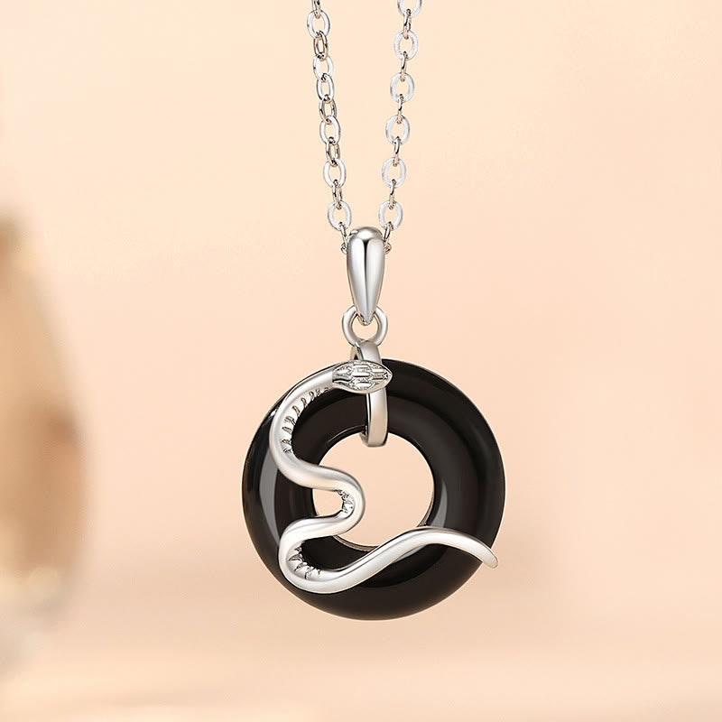 KarmaRipple's 925 Sterling Silver Black Onyx Chalcedony Peace Buckle Year Of The Snake Fortune Pendant Necklace p11
