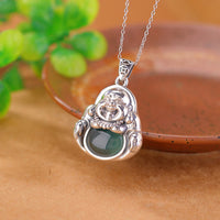 Collier avec pendentif en argent sterling 999 représentant un Bouddha rieur, un lotus en jade cyan et un succès de KarmaRipple