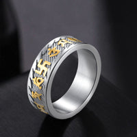 Bague de paix en acier titane avec les six mots authentiques de KarmaRipple : Om Mani Padme Hum et Swastika
