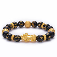 Bracelet de force PiXiu Om Mani Padme Hum en alliage d'obsidienne noire et d'onyx noir de KarmaRipple