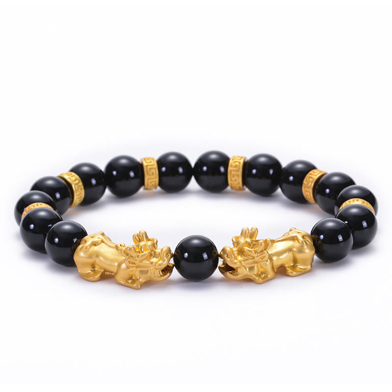 KarmaRipple's Black Obsidian Black Onyx Golden Alloy Two PiXiu Om Mani Padme Hum Strength Bracelet p2
