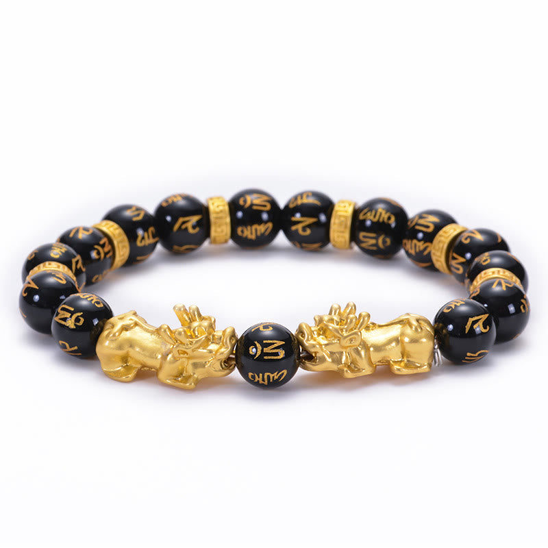 KarmaRipple's Black Obsidian Black Onyx Golden Alloy Two PiXiu Om Mani Padme Hum Strength Bracelet p1