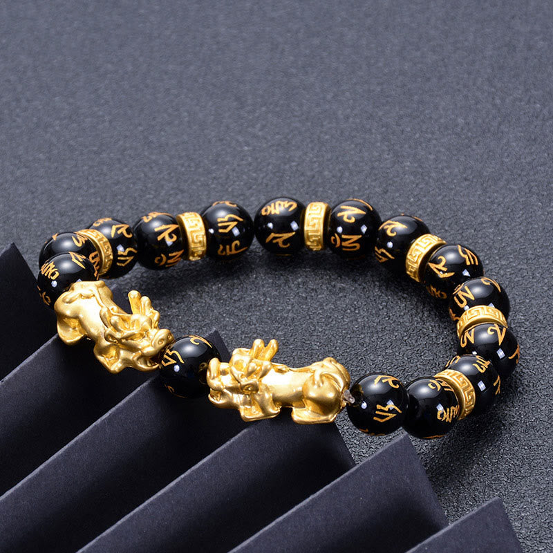 KarmaRipple's Black Obsidian Black Onyx Golden Alloy Two PiXiu Om Mani Padme Hum Strength Bracelet p4