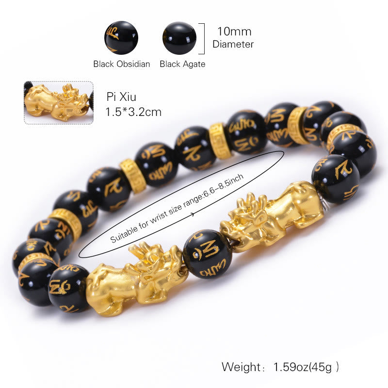 KarmaRipple's Black Obsidian Black Onyx Golden Alloy Two PiXiu Om Mani Padme Hum Strength Bracelet p6