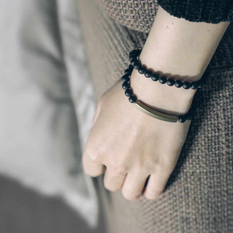 KarmaRipple's Frosted Cut Surface Black Onyx Bronze Brass Double Wrap Protection Bracelet p4