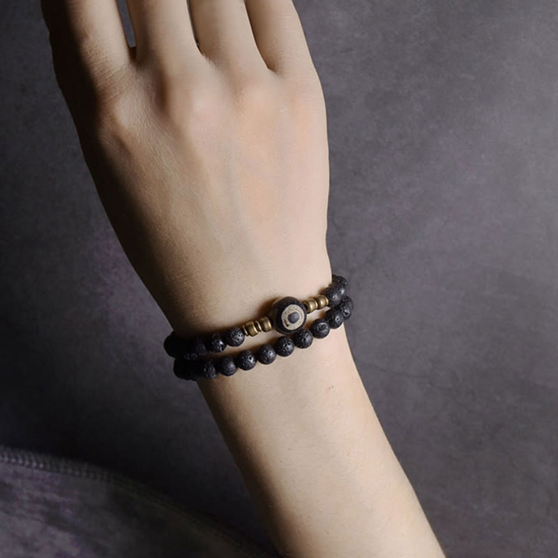 KarmaRipple's Vintage Lava Rock Three-eyed Dzi Bead Bronze Brass Beadwork Double Wrap Balancing Bracelet p10