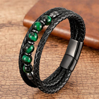 Bracelet en cuir avec perles en hématite et onyx noir, œil de tigre et pierre de lave de KarmaRipple