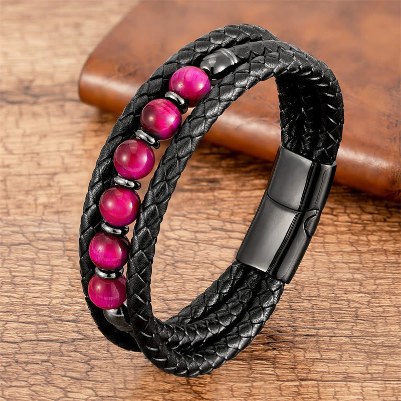 KarmaRipple's Tiger Eye Lava Rock Hematite Black Onyx Bead Positive Leather Bracelet p23