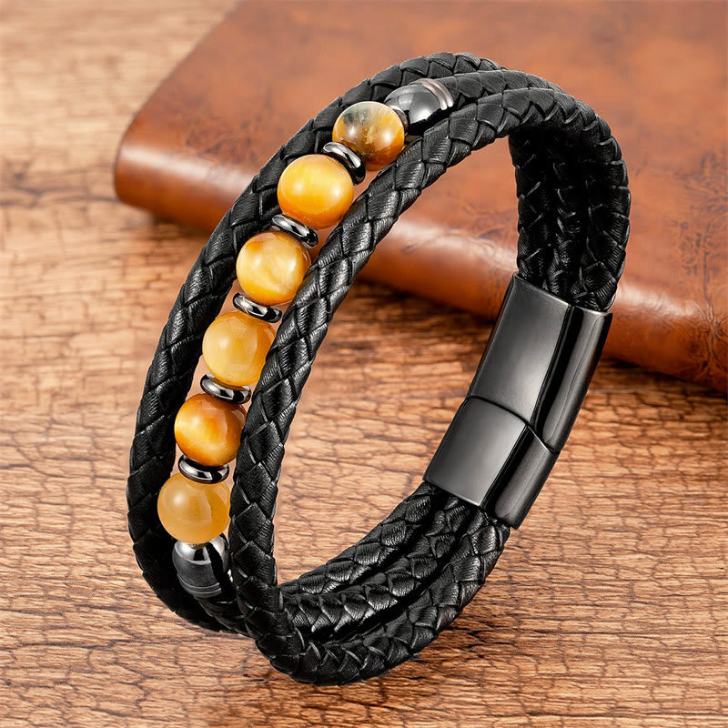 KarmaRipple's Tiger Eye Lava Rock Hematite Black Onyx Bead Positive Leather Bracelet p28